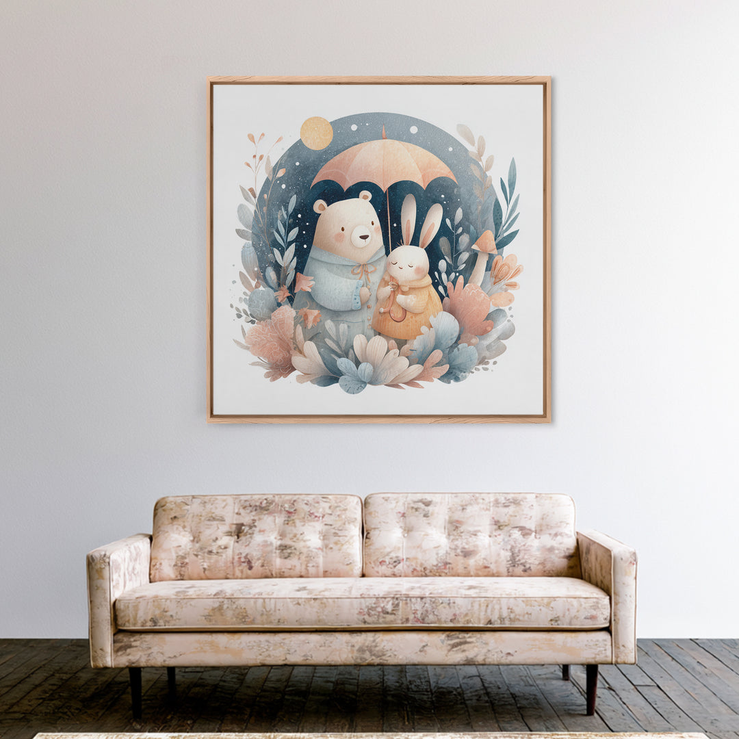 Bear and Rabbit Sharing Umbrella Framed Canvas Print, Nursery Art, Home Decor, Nursery Decor, Fine Art, Nursery, NUR-1x1-65
