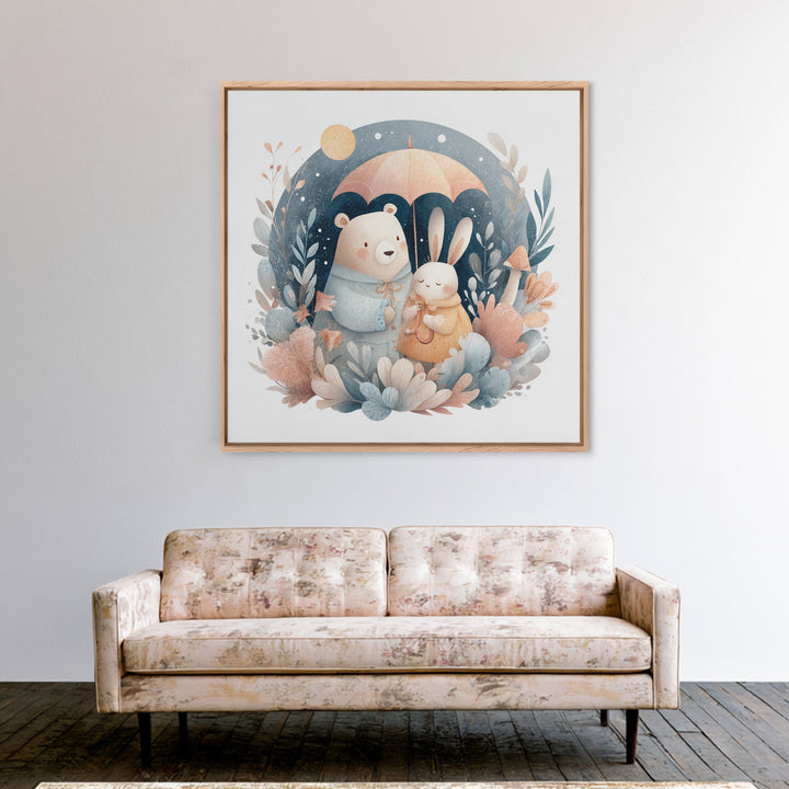 Bear and Rabbit Sharing Umbrella Framed Canvas Print, Nursery Art, Home Decor, Nursery Decor, Fine Art, Nursery, NUR-1x1-65