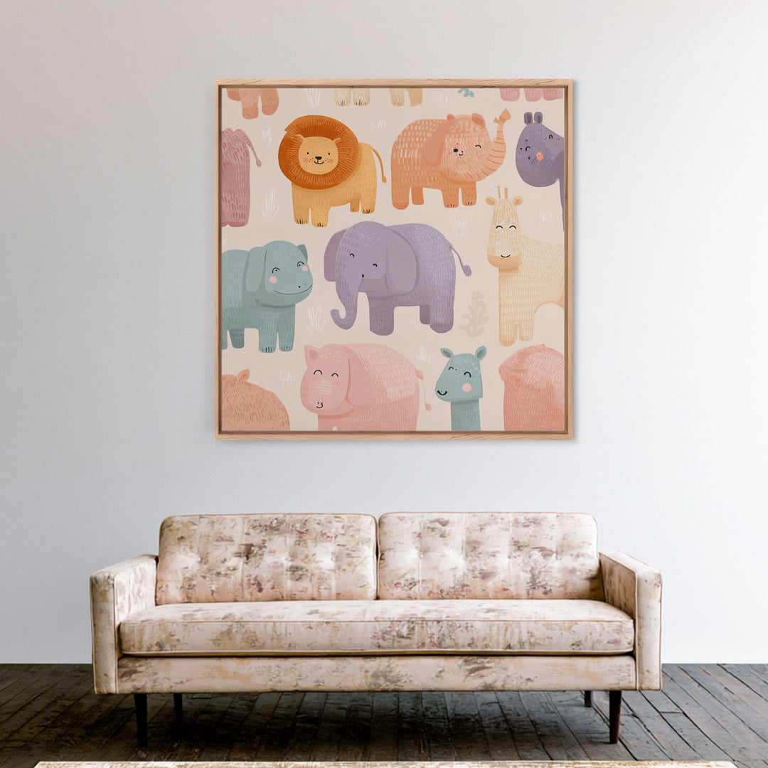 Pastel Jungle Animals Framed Canvas Print, Nursery Art, Baby Girl Nursery, Nursery Decor, Abstract Art, Nursery, Fine Art Print, NUR-1x1-66