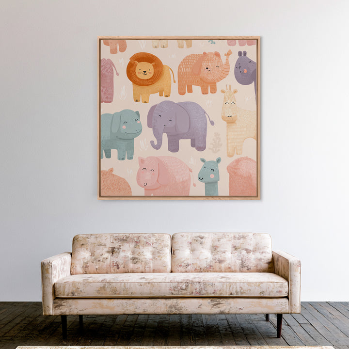Pastel Jungle Animals Framed Canvas Print, Nursery Art, Baby Girl Nursery, Nursery Decor, Abstract Art, Nursery, Fine Art Print, NUR-1x1-66