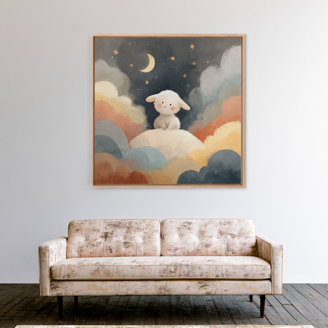 Little Lamb under a Starry Sky Framed Canvas Print, Nursery Art, Home Decor, Nursery Decor, Fine Art, Nursery, Contemporary Art, NUR-1x1-67