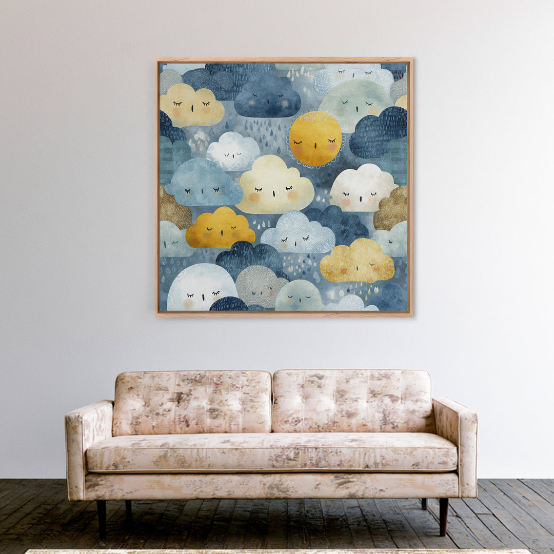 Clouds and Raindrops Framed Canvas Print, Nursery Art, Playroom Wall Art, Nursery Decor, Fine Art, Nursery, Statement Artwork, NUR-1x1-70