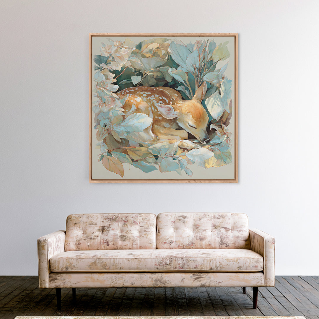 Deer Fawn Sleeping Framed Canvas Print, Nursery Art, Kids Room Wall Art, Nursery Decor, Fine Art, Nursery, Luxury Decor, NUR-1x1-71
