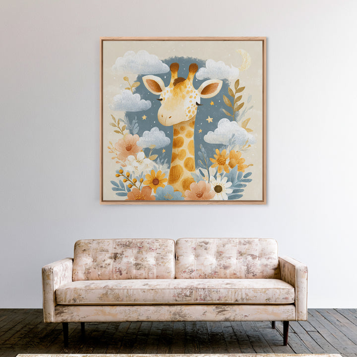 Gentle Giraffe with Pastel Flowers Framed Canvas Print, Nursery Art, Whimsical Wall Art, Nursery Decor, Watercolor Art, Nursery, NUR-1x1-74