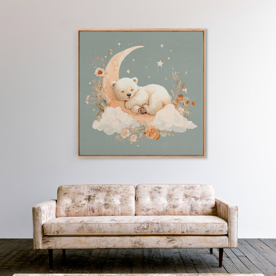 Baby Bear Floating on a Crescent Moon Framed Canvas Print, Nursery Art, Home Decor, Nursery Decor, Fine Art, Nursery, NUR-1x1-78