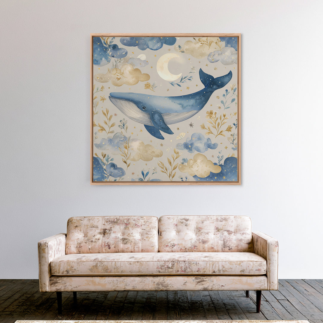 Whale and Tiny Stars Framed Canvas Print, Nursery Art, Printable Art, Nursery Decor, Fine Art, Nursery, Watercolor Print, NUR-1x1-8