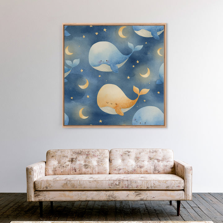 Whale and Tiny Stars Framed Canvas Print, Nursery Art, Neutral Decor, Nursery Decor, Fine Art, Nursery, Wall Decor, Art Print, NUR-1x1-80
