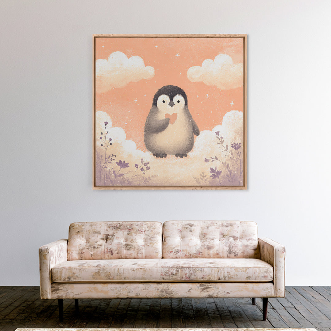 Penguin Holding a Little Heart Shape Canvas Print, Nursery Art, Gallery Decor, Nursery Decor, Fine Art, Nursery, Wall Art, NUR-1x1-82