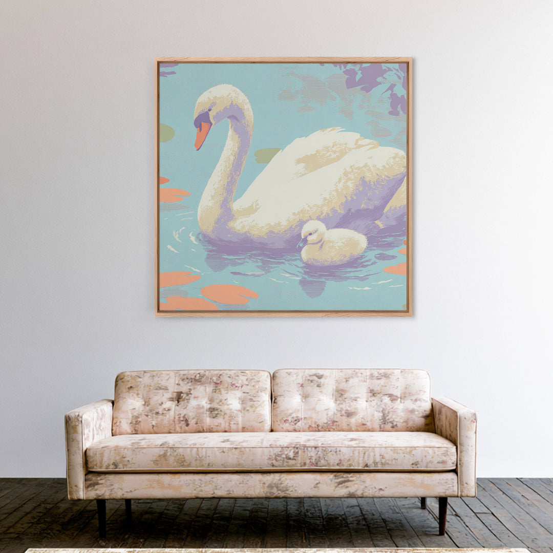 Swan and Cygnet Framed Canvas Print, Nursery Art, Textured Painting, Nursery Decor, Fine Art, Nursery, Wall Art Print, NUR-1x1-88