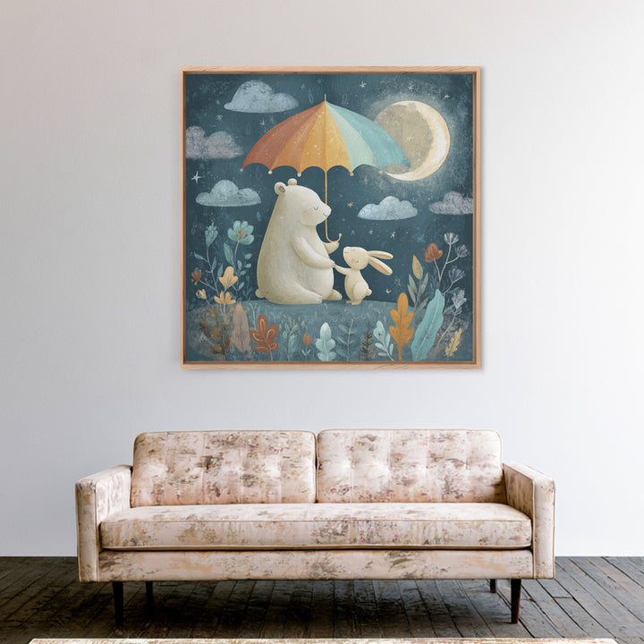 Bear and Rabbit Sharing Umbrella Canvas Print, Nursery Art, Boho Decor, Nursery Decor, Fine Art, Nursery, Wall Hangings, NUR-1x1-89