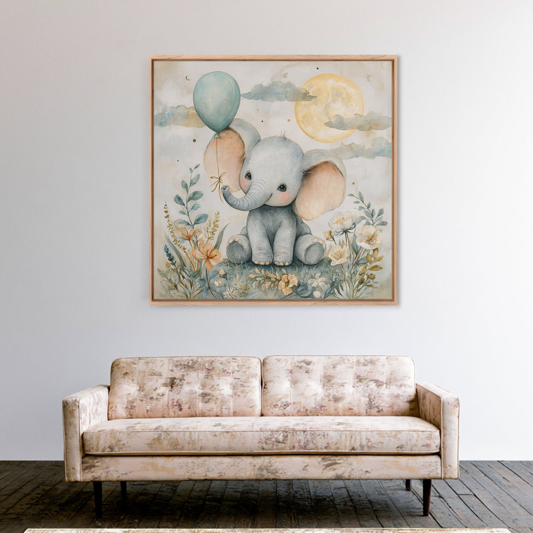 Sleepy Baby Elephant Holding a Tiny Balloon Canvas Print, Nursery Art, Wall Art, Nursery Decor, Oil Painting, Nursery, NUR-1x1-97
