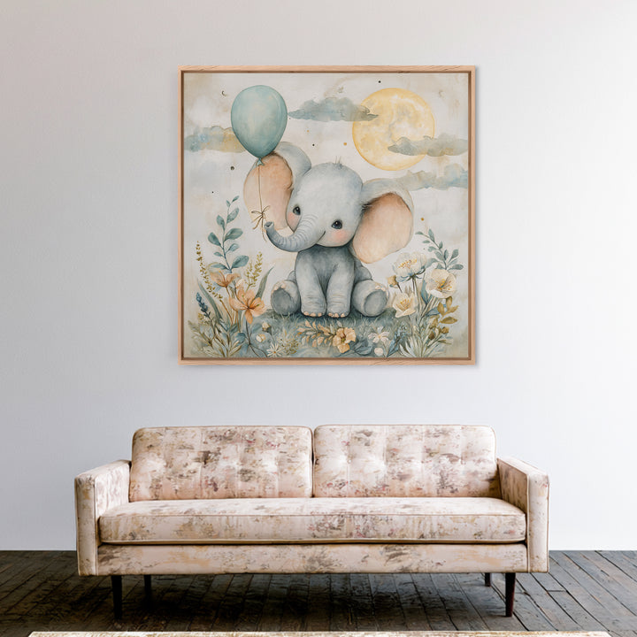 Sleepy Baby Elephant Holding a Tiny Balloon Canvas Print, Nursery Art, Wall Art, Nursery Decor, Oil Painting, Nursery, NUR-1x1-97