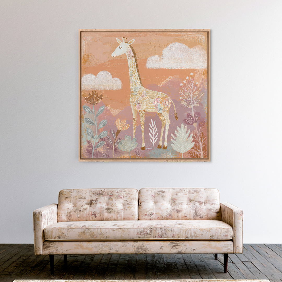 Gentle Giraffe with Pastel Flowers Canvas Print, Nursery Art, Statement Artwork, Nursery Decor, Fine Art, Nursery, NUR-1x1-98