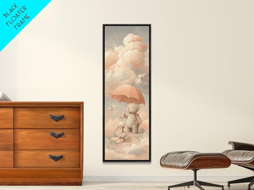 Bear and Rabbit Sharing Umbrella Framed Canvas Print, Nursery Art, Neutral Decor, Nursery Decor, Fine Art, Nursery, Wall Decor, NUR-1x3-29