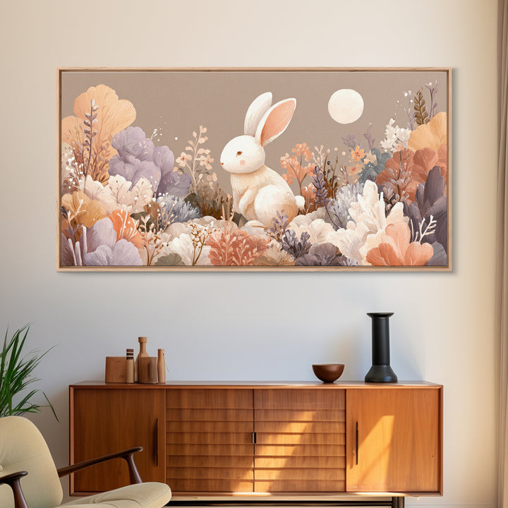 Soft Bunny in a Wildflower Meadow Framed Canvas Print, Nursery Art, Wall Decor, Nursery Decor, Oil Painting, Nursery, NUR-2x1-1