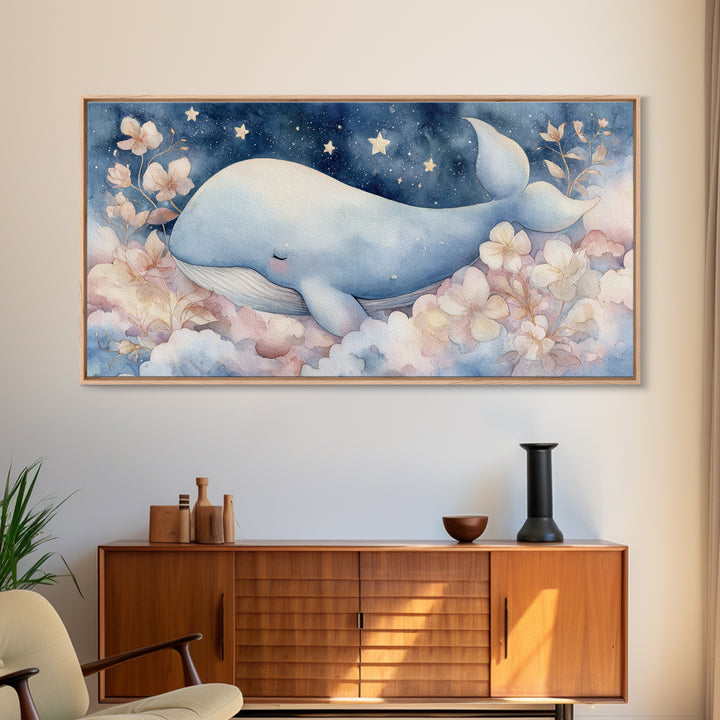 Whale and Tiny Stars Framed Canvas Print, Nursery Art, Playroom Wall Decor, Nursery Decor, Fine Art, Nursery, Modern Decor, NUR-2x1-100