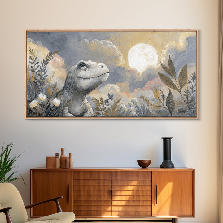 Tiny Dinosaur with Friendly Expression Framed Canvas Print, Nursery Art, Kids Wall Art, Nursery Decor, Fine Art, Nursery, NUR-2x1-11
