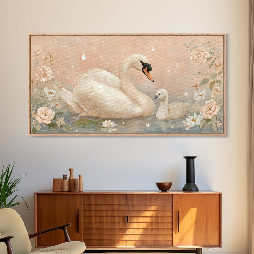 Swan and Cygnet Framed Canvas Print, Nursery Art, Luxury Decor, Nursery Decor, Nursery, Nursery Wall Art, Printable Art, NUR-2x1-12