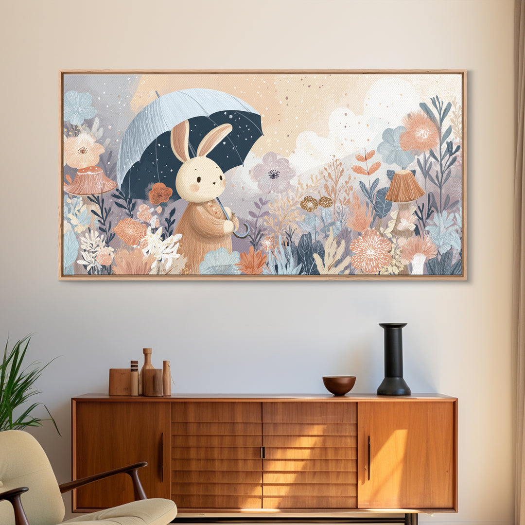 Bear and Rabbit Sharing Umbrella Framed Canvas Print, Nursery Art, Minimalist Decor, Nursery Decor, Fine Art, Nursery, NUR-2x1-13