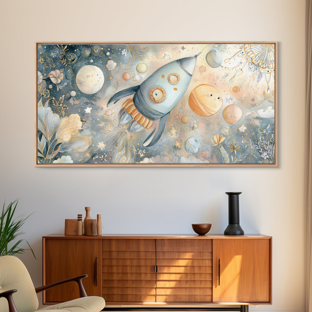 Rocket Ship and Smiling Planets Canvas Print, Nursery Art, Contemporary Art, Nursery Decor, Fine Art, Nursery, Nursery Prints, NUR-2x1-17
