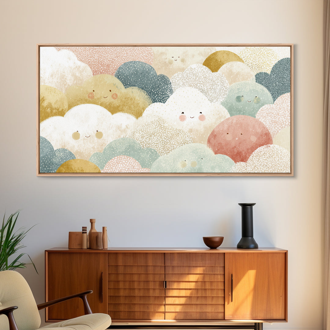 Clouds and Raindrops Framed Canvas Print, Nursery Art, Fine Art Print, Nursery Decor, Fine Art, Nursery, Digital Art, NUR-2x1-18