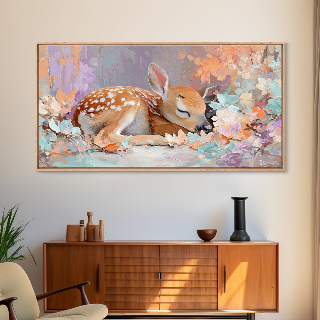Deer Fawn Sleeping Framed Canvas Print, Nursery Art, Kids Room Wall Art, Nursery Decor, Fine Art, Nursery, Luxury Decor, NUR-2x1-19