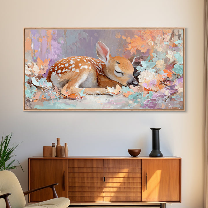 Deer Fawn Sleeping Framed Canvas Print, Nursery Art, Kids Room Wall Art, Nursery Decor, Fine Art, Nursery, Luxury Decor, NUR-2x1-19