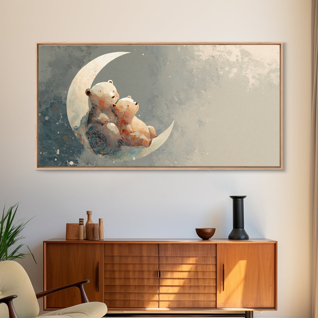 Baby Bear Floating on a Crescent Moon Canvas Print, Nursery Art, Boho Decor, Nursery Decor, Abstract Art, Nursery, NUR-2x1-2