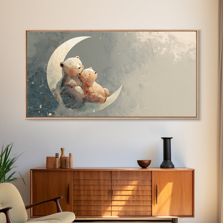 Baby Bear Floating on a Crescent Moon Canvas Print, Nursery Art, Boho Decor, Nursery Decor, Abstract Art, Nursery, NUR-2x1-2
