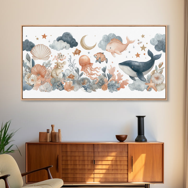 Friendly Ocean Creatures Framed Canvas Print, Nursery Art, Fine Art Print, Nursery Decor, Watercolor Art, Nursery, Digital Art, NUR-2x1-20