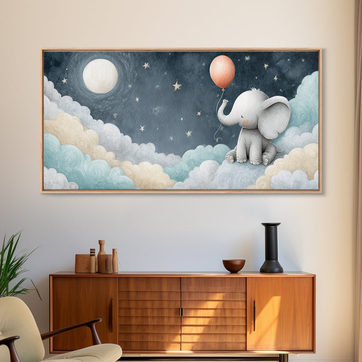 Sleepy Baby Elephant Holding a Tiny Balloon Canvas Print, Nursery Art, Wall Art, Nursery Decor, Oil Painting, Nursery, NUR-2x1-21