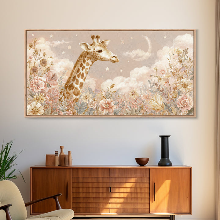 Gentle Giraffe with Pastel Flowers Canvas Print, Nursery Art, Statement Artwork, Nursery Decor, Fine Art, Nursery, NUR-2x1-22