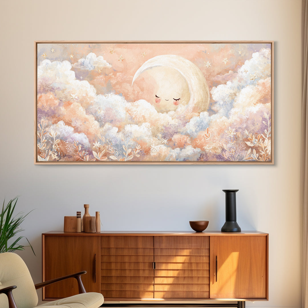 Moon and Stars Framed Canvas Print, Nursery Art, Nursery Decor, Watercolor Art, Nursery, Kids Wall Art, Woodland Nursery, NUR-2x1-23