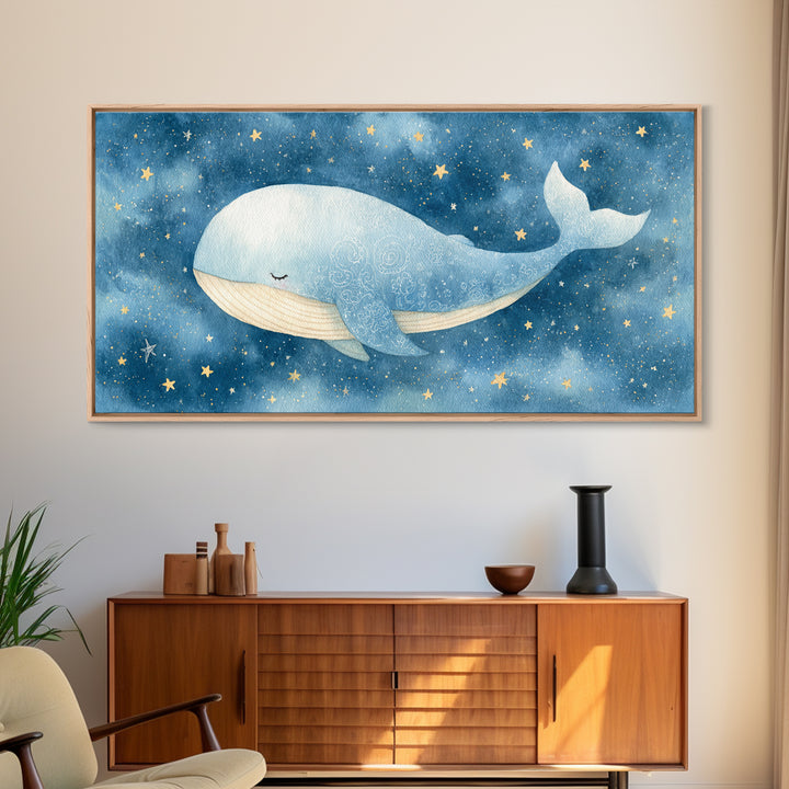 Whale and Tiny Stars Framed Canvas Print, Nursery Art, Minimalist Decor, Nursery Decor, Fine Art, Nursery, Nursery Wall Decor, NUR-2x1-28