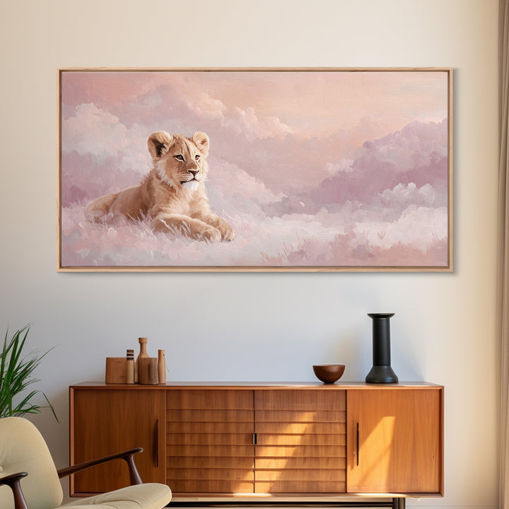 Lion Cub with Soft Golden Mane Framed Canvas Print, Nursery Art, Nursery Decor, Watercolor Art, Nursery 129, Wall Art Set of, NUR-2x1-29