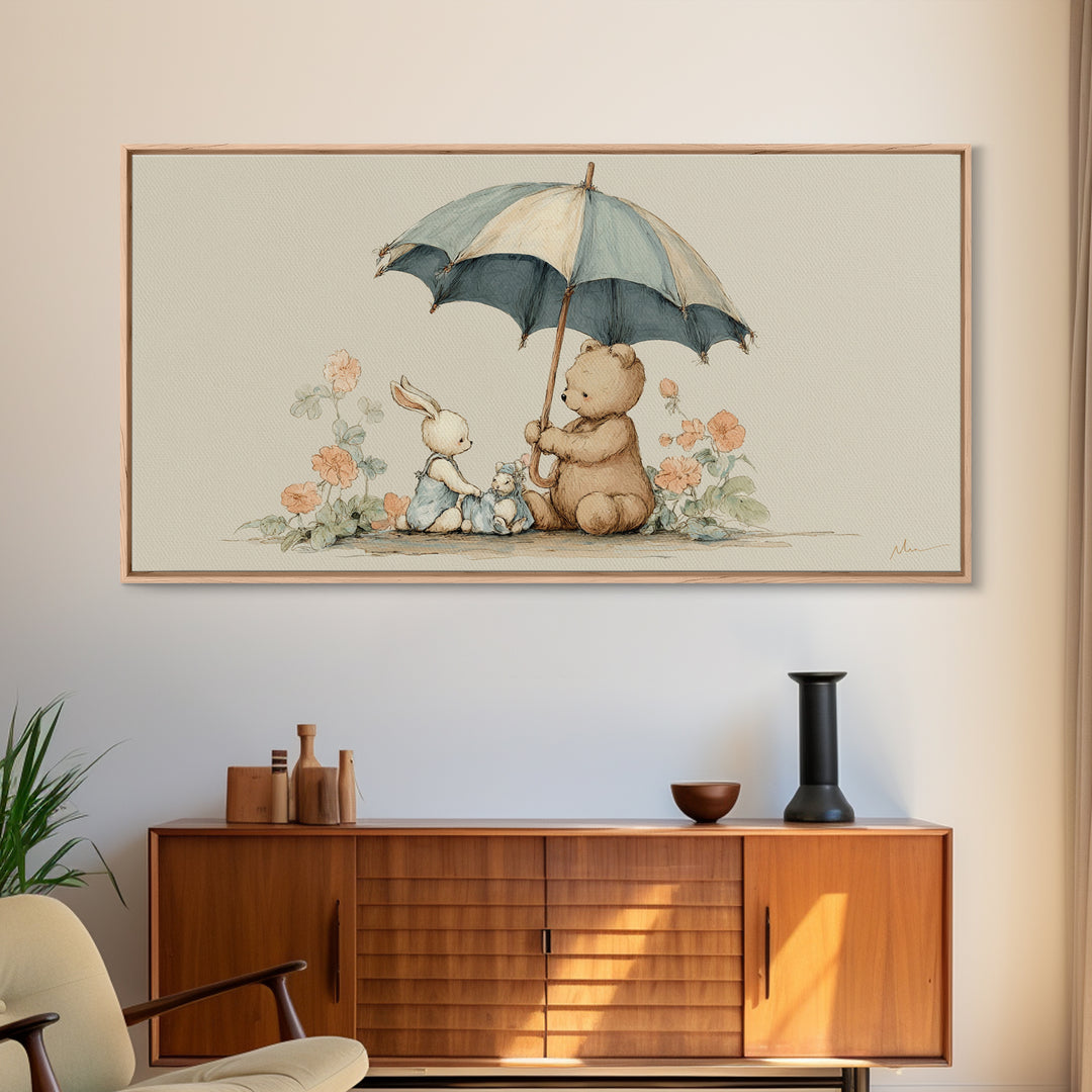 Bear and Rabbit Sharing Umbrella Framed Canvas Print, Nursery Art, Minimalist Decor, Nursery Decor, Fine Art, Nursery, NUR-2x1-37