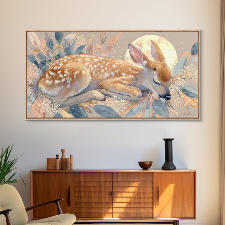 Deer Fawn Sleeping Framed Canvas Print, Nursery Art, Wall Hangings, Nursery Decor, Fine Art, Nursery, Digital Download Art, NUR-2x1-43