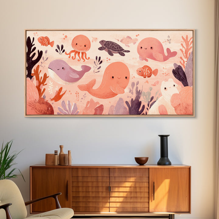Friendly Ocean Creatures Canvas Print, Nursery Art, Textured Painting, Nursery Decor, Fine Art, Nursery, Wall Art Print, NUR-2x1-44