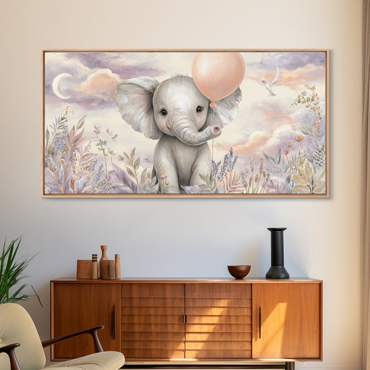 Sleepy Baby Elephant Holding a Tiny Balloon Framed Canvas Print, Nursery Art, Nursery Decor, Fine Art, Nursery, Kids Wall Art, NUR-2x1-45