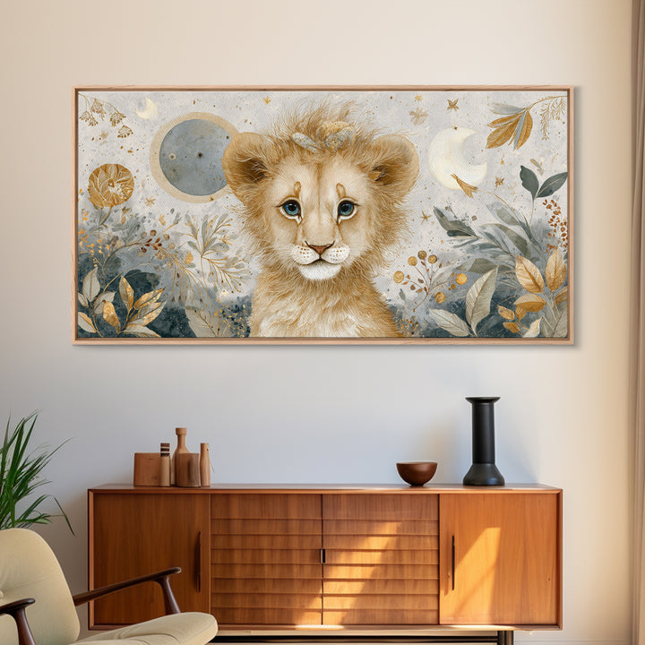 Lion Cub with Soft Golden Mane Framed Canvas Print, Nursery Art, Nursery Decor, Watercolor Art, Nursery 105, Wall Art Set of, NUR-2x1-5
