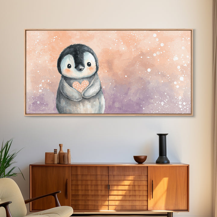 Penguin Holding a Little Heart Shape Canvas Print, Nursery Art, Contemporary Art, Nursery Decor, Abstract Art, Nursery, NUR-2x1-54