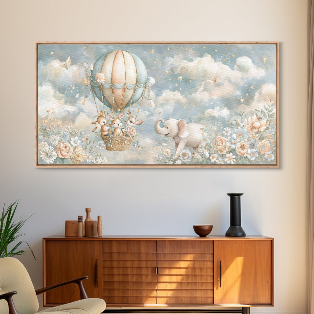 Floating Hot Air Balloon Framed Canvas Print, Nursery Art, Wall Hangings, Nursery Decor, Nursery, Digital Download Art, NUR-2x1-56