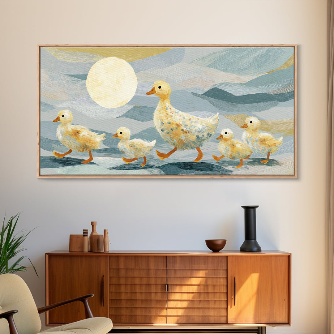 Ducklings Following a Mother Duck Canvas Print, Nursery Art, Wall Art, Nursery Decor, Oil Painting, Nursery, Nursery Prints, NUR-2x1-58