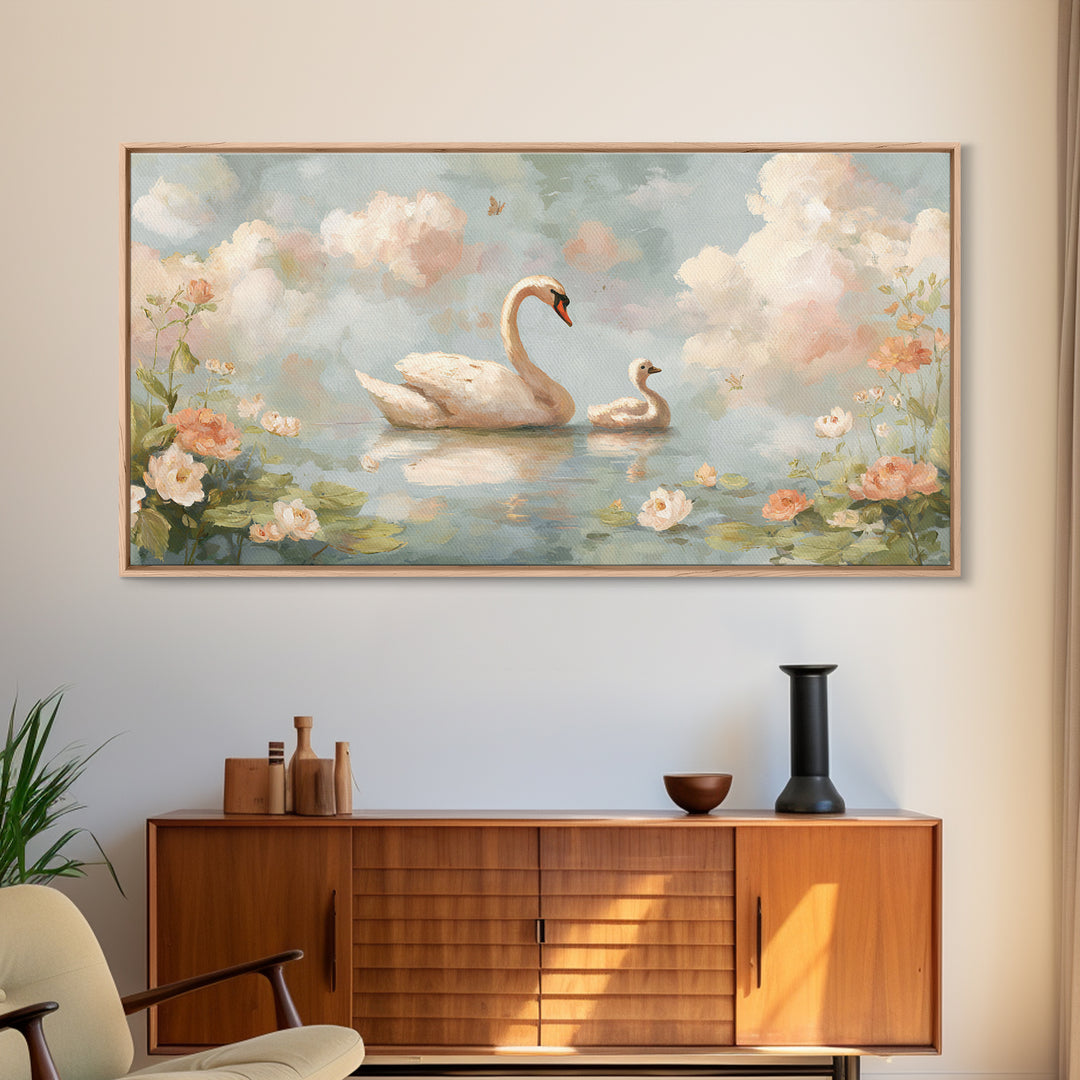 Swan and Cygnet Framed Canvas Print, Nursery Art, Nursery Decor, Oil Painting, Nursery, Kids Wall Art, Woodland Nursery, NUR-2x1-60
