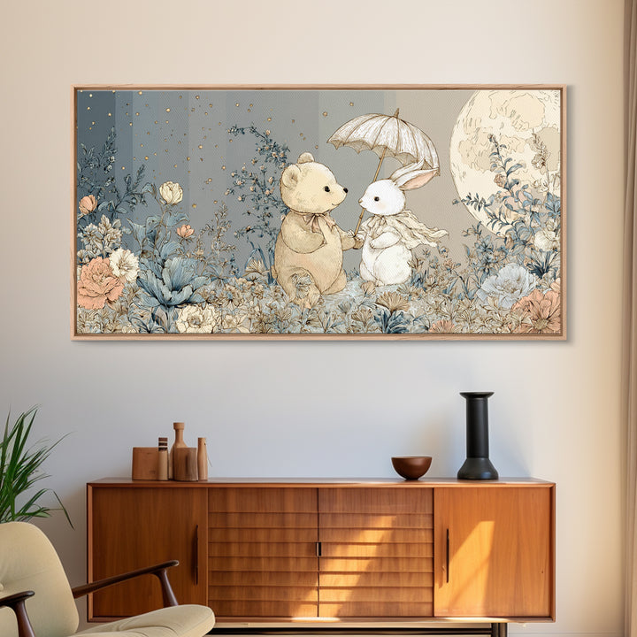 Bear and Rabbit Sharing Umbrella Canvas Print, Nursery Art, Printable Wall Art, Nursery Decor, Nursery, Butterfly Wall Art, NUR-2x1-61