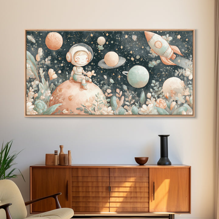 Rocket Ship and Smiling Planets Framed Canvas Print, Nursery Art, Wall Hangings, Nursery Decor, Abstract Art, Nursery, NUR-2x1-65