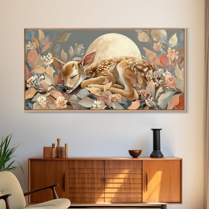 Deer Fawn Sleeping Framed Canvas Print, Nursery Art, Kids Room Art, Nursery Decor, Fine Art, Nursery, Textured Painting, NUR-2x1-67