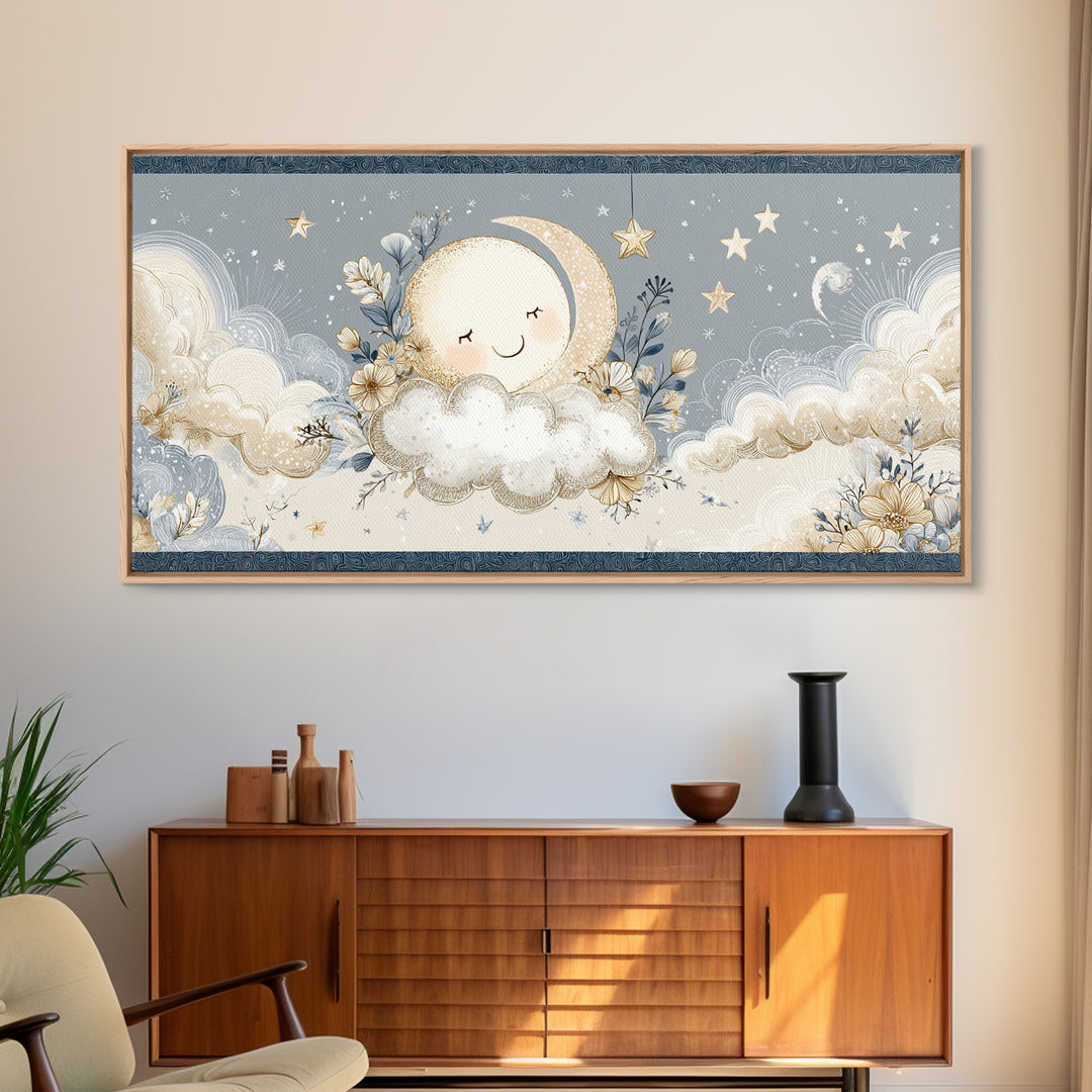 Moon and Stars Canvas Print, Nursery Art, Playroom Wall Art, Nursery Decor, Abstract Art, Nursery, Statement Artwork, NUR-2x1-71