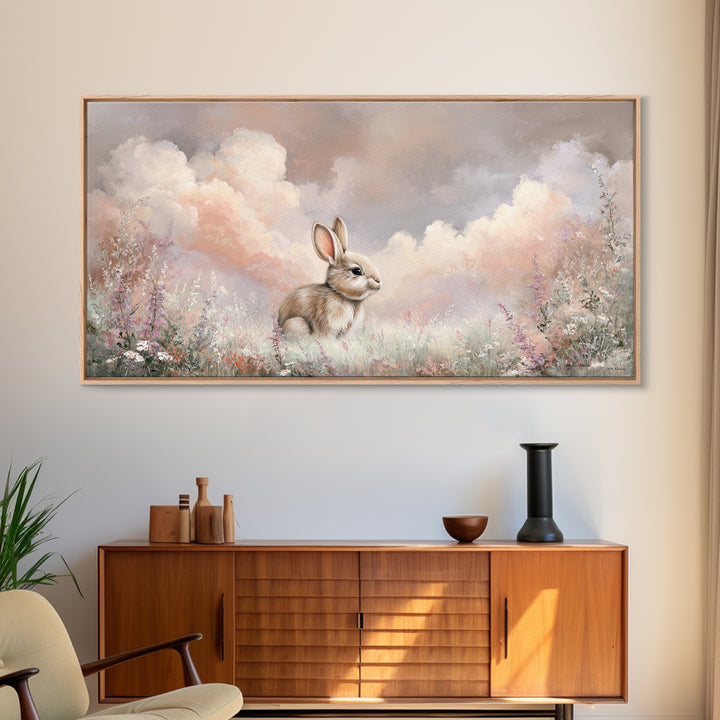 Soft Bunny in a Wildflower Meadow Canvas Print, Nursery Art, Nursery Wall Art, Nursery Decor, Watercolor Art, Nursery, NUR-2x1-73