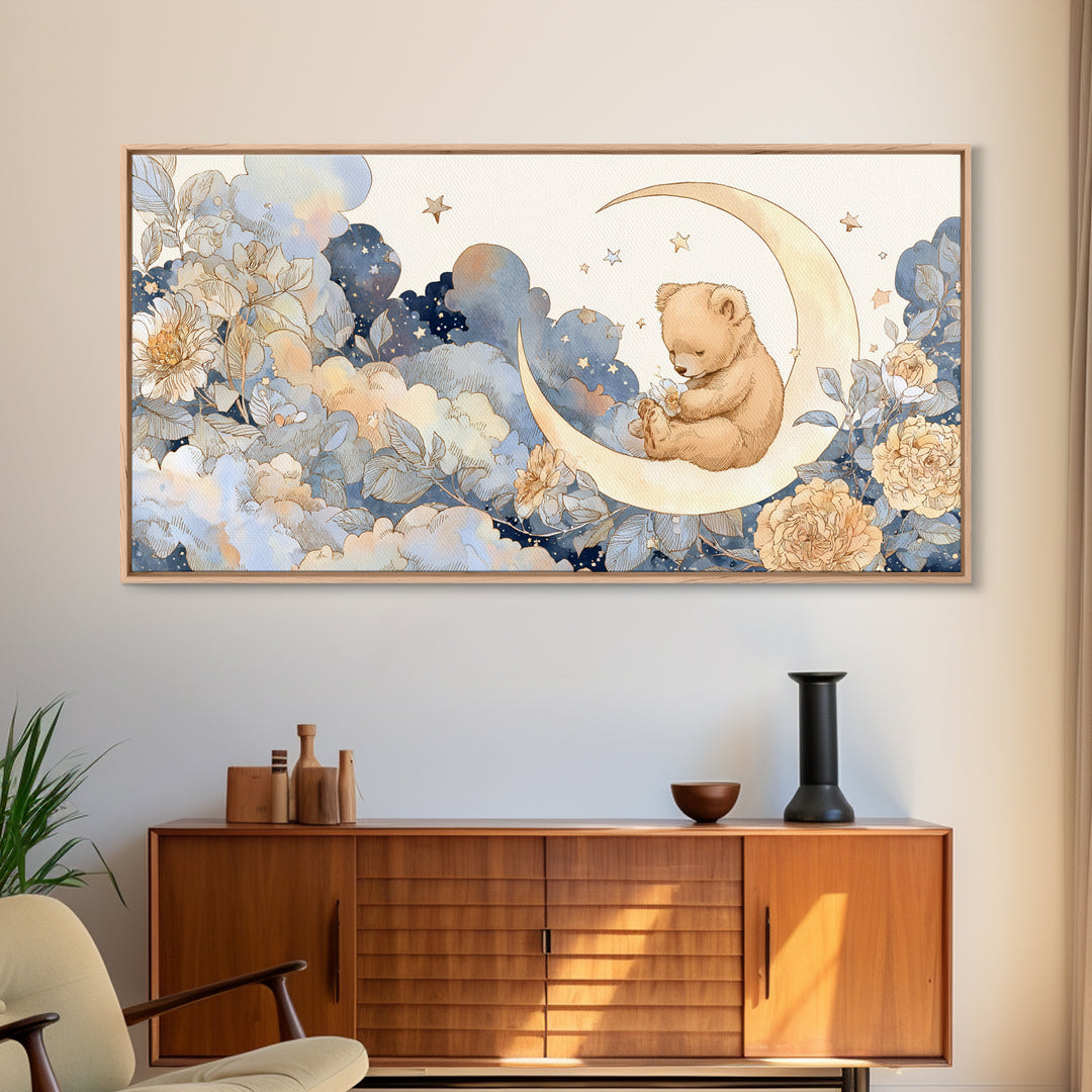 Baby Bear Floating on a Crescent Moon Canvas Print, Nursery Art, Printable Wall Art, Nursery Decor, Watercolor Art, Nursery, NUR-2x1-74